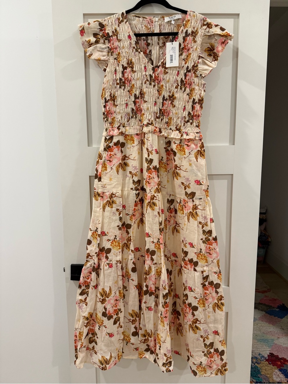 NWO Sea NY Floral Smocked Maxi Dress in Cream and Pink